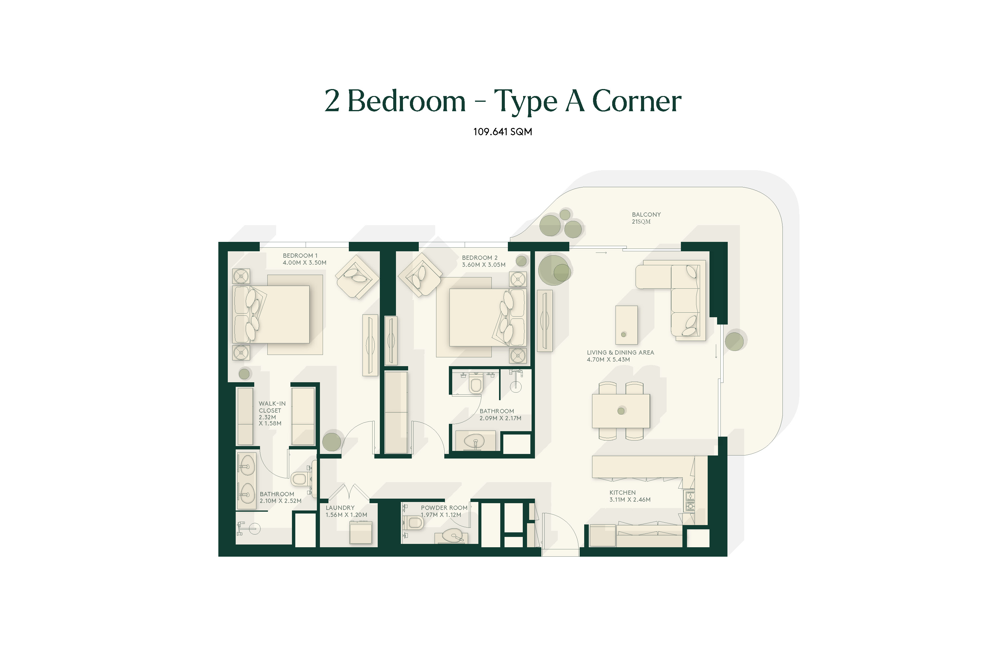 2 Bedroom + Maid Floor Plan