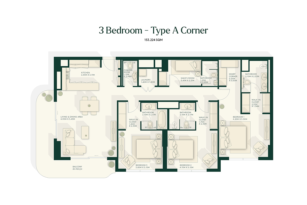 3 Bedroom + Maid Floor Plan