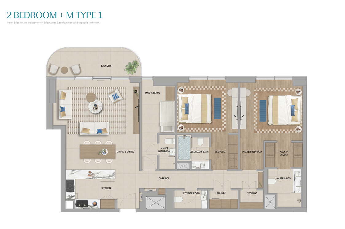 2 Bedroom + Maid Floor Plan