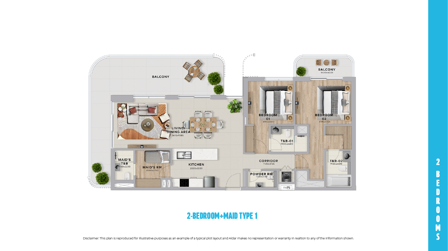 2 Bedroom + Maid Floor Plan